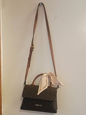 Calvin Klein Brown Monogram Satchel with Scarf Accent